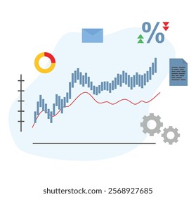 An abstract design featuring a bar chart, pie chart, percentage trends, email icon, gear, and report document, symbolizing analytics and processes.