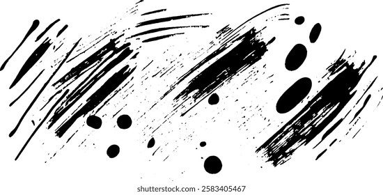 An abstract design featuring black brush strokes and circular shapes on a white background, creating a dynamic and artistic composition.