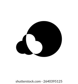 Abstract design featuring a black circle and white heart shape with clouds