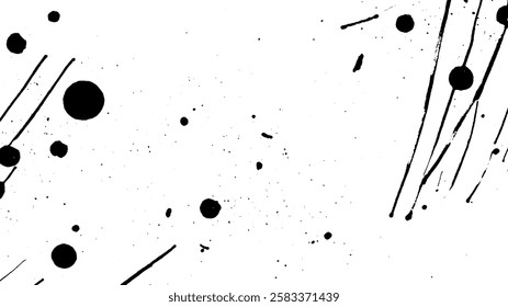 An abstract design featuring black ink splatters and streaks on a white background, creating a dynamic and artistic composition.