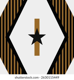 Abstract design featuring a black star on a brown bar with striped diamond shapes on white background