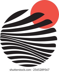 abstract design featuring a black and white striped circular pattern with a red circle overlapping the top right portion. The black stripes within the circle create a wave-like effect.