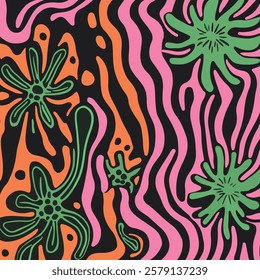An abstract design featuring bold, swirling patterns in vibrant colors of pink, orange, and green against a black background. 
