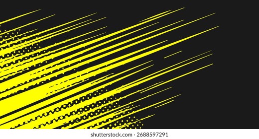 Diseño Abstractas con líneas amarillas brillantes diagonalmente sobre un fondo negro, con un patrón de semitono distorsionado en la esquina inferior izquierda.