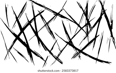 An abstract design featuring chaotic, jagged black lines crossing over a white background, creating a sense of movement and tension.