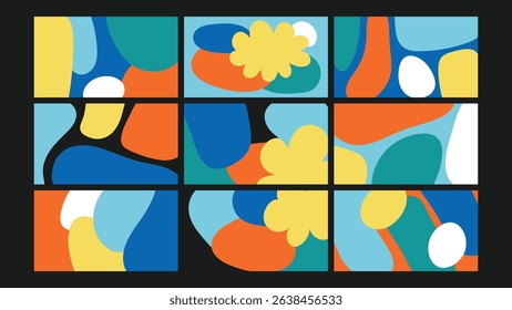 Abstract design featuring colorful organic shapes and bold flat tones, ideal for creative backgrounds and modern digital use.