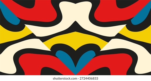 Abstraktes Design mit bunten Formen in Rot, Blau, Gelb und Creme auf schwarzem Hintergrund