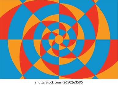Design abstrato com círculos concêntricos de formas laranja e vermelha em um fundo azul.