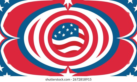 Um design abstrato com círculos concêntricos e estrelas em cores patrióticas, criando um motivo semelhante a um olho centrado em torno da bandeira americana.
