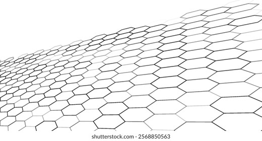 Abstract design featuring a continuous hexagonal pattern forming a wave-like structure on a white background.