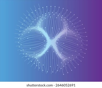 Um desenho abstrato com linhas convergentes terminando em pontos, irradiando de um ponto central em um fundo gradiente.