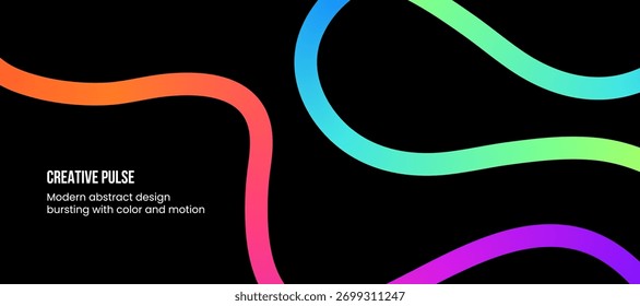 Projeto abstrato com linhas curvas com cores vibrantes do gradiente Mínimo Abstrato Gradiente Fluxo Linhas de Fundo Vibrant Neon Curvy Linhas em Preto Sólido Fundo Moderno Fluido Abstrato Banner