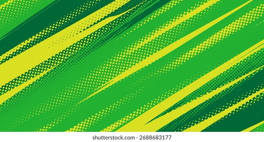 Abstract design featuring diagonal lines in green and yellow, with halftone dot patterns, creating a dynamic visual effect.
