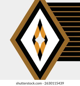 Abstract design featuring a diamond shape with gold black and white colors and horizontal lines design