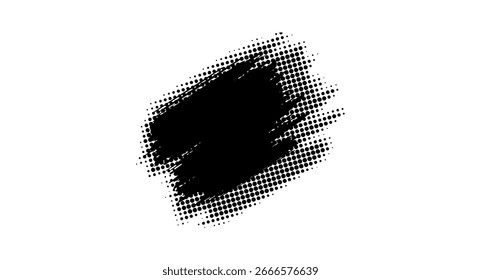 Un diseño abstracto con un trazo de pincel dinámico de semitono negro con bordes texturizados sobre un fondo blanco limpio, creando un elemento visual llamativo para proyectos creativos