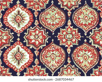 Design abstrato com formas dinâmicas, cores vibrantes e padrões fluidos. Ideal para impressão de tecido, moda e decoração de casa. Design têxtil moderno, artístico e visualmente cativante.