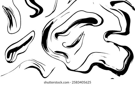 An abstract design featuring flowing black lines on a white background, creating a sense of movement and fluidity.