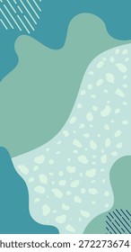 Design abstrato com formas orgânicas fluindo em tons azul-esverdeados, complementados por textura manchada e padrões de linha diagonal