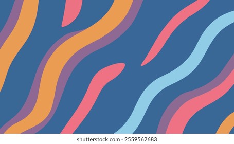 An abstract design featuring flowing, wavy lines in various colors including orange, pink, blue, and purple against a blue background. The dynamic shapes create a sense of movement and rhythm.
