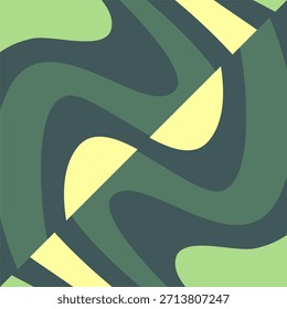 Um design abstrato com formas onduladas fluindo em uma paleta de azul escuro, verde-oliva e amarelo pálido.