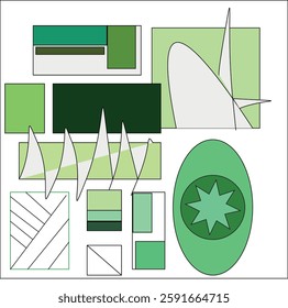 an abstract design featuring geometric shapes and smooth, flowing green waves. The combination of sharp lines and curves creates a harmonious balance, adding depht and vibrancy. 