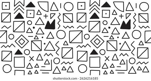 Ein abstraktes Design mit geometrischen Formen mit Linienzeichnung, präsentiert als nahtloses Muster geeignet für Modedesign, Dekoration, Stoff, Tapeten und Drucke.