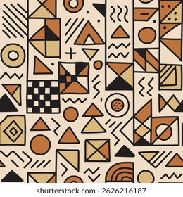 An abstract design featuring geometric shapes with line drawing, presented as a seamless pattern suitable for fashion design, decoration, fabric, wallpaper, and prints.