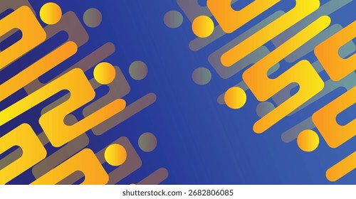 Design abstrato apresentando formas geométricas em tons de amarelo e laranja contra um fundo azul. As formas estão dispostas diagonalmente.