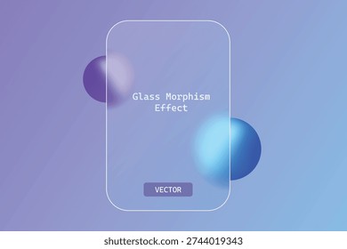 Abstract design featuring a glass morphism effect on rectangular element, accompanied by blurry purple and blue spheres on a gradient background vector shape.