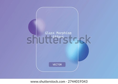Abstract design featuring a glass morphism effect on rectangular element, accompanied by blurry purple and blue spheres on a gradient background vector shape.