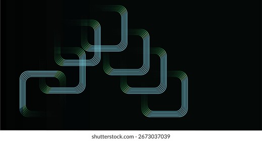 Abstract design featuring interconnected, rounded square shapes with a gradient color scheme against a dark background.