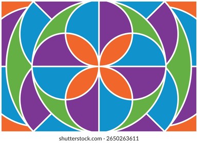 Abstract design featuring interlocking shapes of various colors, including vibrant orange, purple, green, and blue, creating a symmetrical pattern.