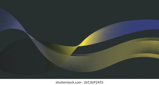 Abstract design featuring intertwining, translucent waves in shades of blue, yellow, and gray