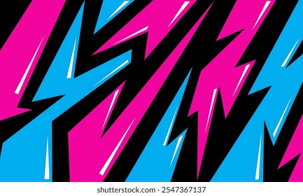 Abstract design featuring jagged, lightning-like shapes in vibrant pink, blue, and black colors, creating a dynamic and energetic visual effect.