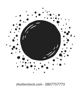 Abstract design featuring a large black circle with small dots around it, creating a dynamic visual effect on a white background for creative projects