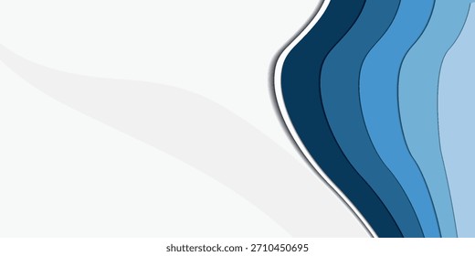 Abstract design featuring layered, wavy shapes in shades of blue, creating a gradient effect. The design has a white space.
