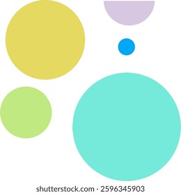 An abstract design featuring multiple colored circles of varying sizes in pastel shades of yellow, green, blue, and purple on a white background. The circles are randomly arranged.