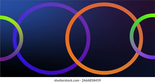 um design abstrato com vários anéis ou círculos entrelaçados em várias cores, especificamente verde, roxo e laranja, definido contra um fundo escuro e gradiente
