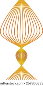 An abstract design featuring numerous thin, curved orange and yellow lines forming a symmetrical, stylized shape resembling a lantern or an elongated teardrop.