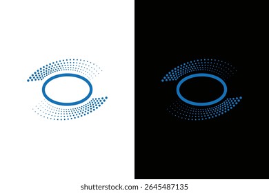 Design abstrato com uma forma oval rodeada por um padrão de pontos, apresentado em fundos brancos e pretos. O layout fornece uma exibição contrastante, útil para vários propósitos de design gráfico.