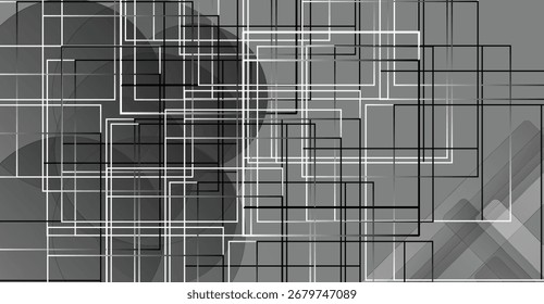 Abstraktes Design mit überlappenden schwarz-weißen Quadraten auf grauem Hintergrund.