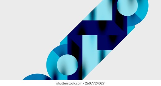 Abstract design featuring overlapping blue shapes. Circles, squares, rectangles create dynamic composition on white background. Modern, clean aesthetic.