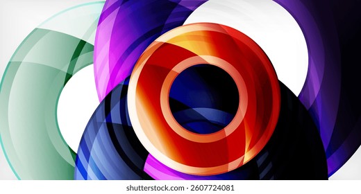 Abstract design featuring overlapping colorful circles. Vibrant purple, blue, orange hues create dynamic composition. Smooth gradients, modern aesthetic.