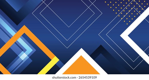 An abstract design featuring overlapping geometric shapes in shades of blue, orange, and white.  The composition is dynamic and uses varying transparency lev...