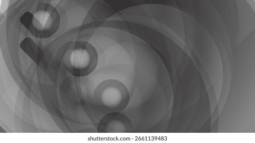 Design abstrato com círculos e arcos cinzas sobrepostos, criando um efeito visual dinâmico e em camadas em tons de cinza.