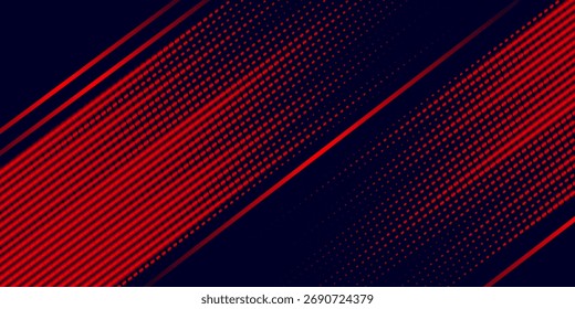 Abstract design featuring a pattern of red dots and diagonal red lines against a dark blue backdrop. The dots create a textured effect.
