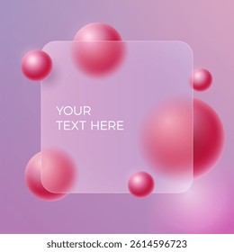 Abstract design featuring pink 3D spheres and a transparent square for text. A minimalist futuristic template for banners, ads, and backgrounds. 