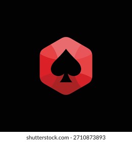 Diseño Abstractas con un elegante ícono de la espada negra enclavado dentro de un radiante hexágono facetado rojo, que simboliza juegos premium, estrategia y aventuras de entretenimiento exclusivas con una estética moderna