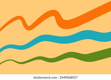 Abstract design featuring smooth wavy lines in orange, blue, and green on a soothing warm yellow background.
