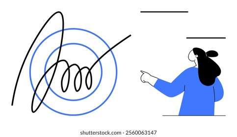 Abstract design featuring spiraled line and blue target circles left and woman in blue shirt pointing at lines right. Ideal for abstract art, modern design, creativity, education, guidance